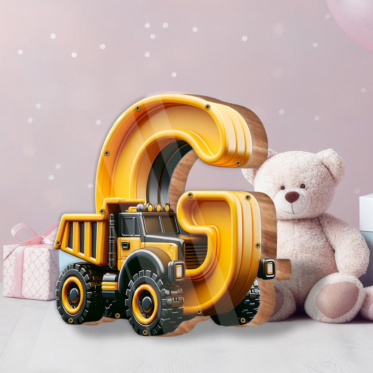 Construction Vehicle Alphabet - Personalized Kid Wooden Piggy Bank