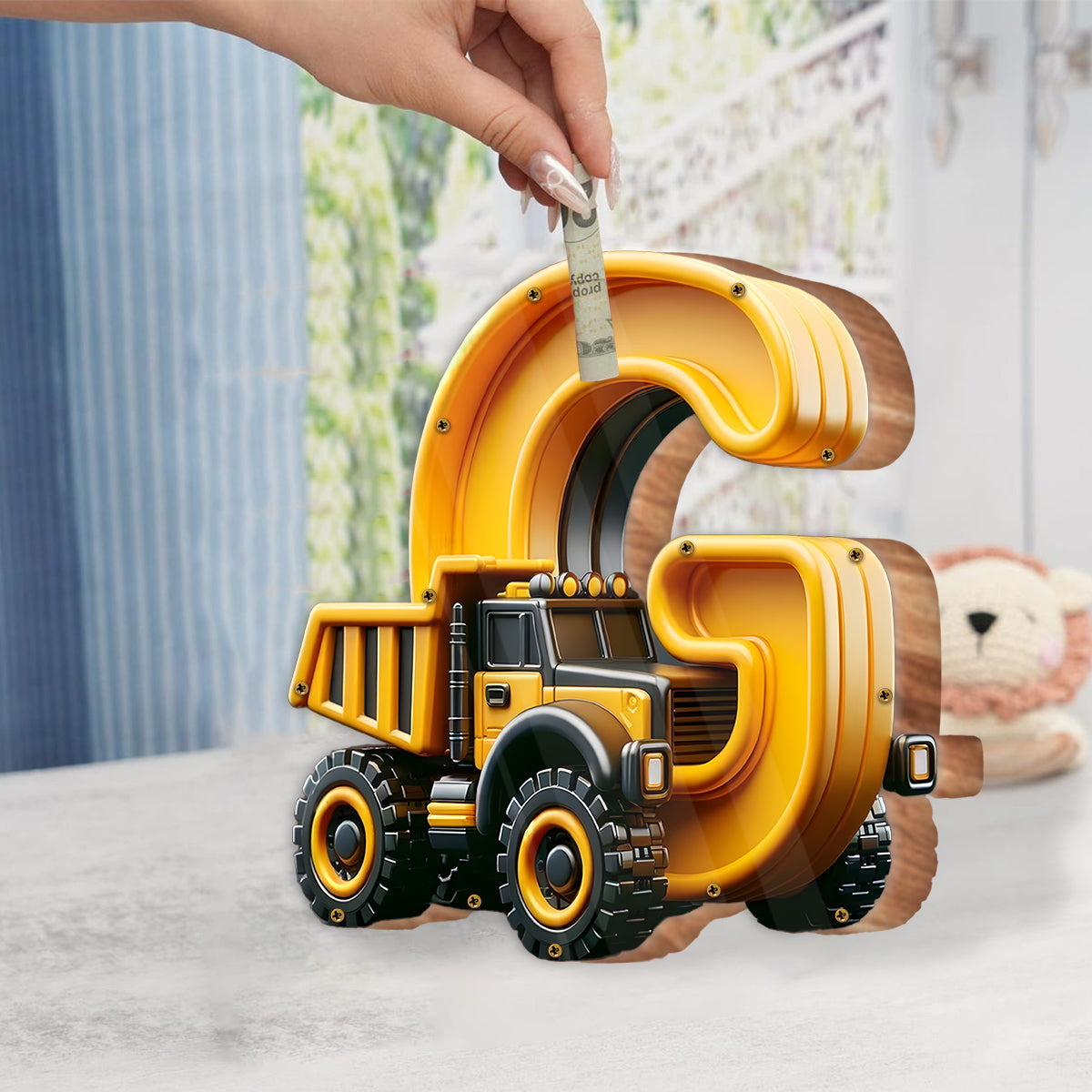 Construction Vehicle Alphabet - Personalized Kid Wooden Piggy Bank