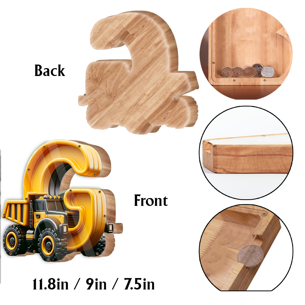Construction Vehicle Alphabet - Personalized Kid Wooden Piggy Bank