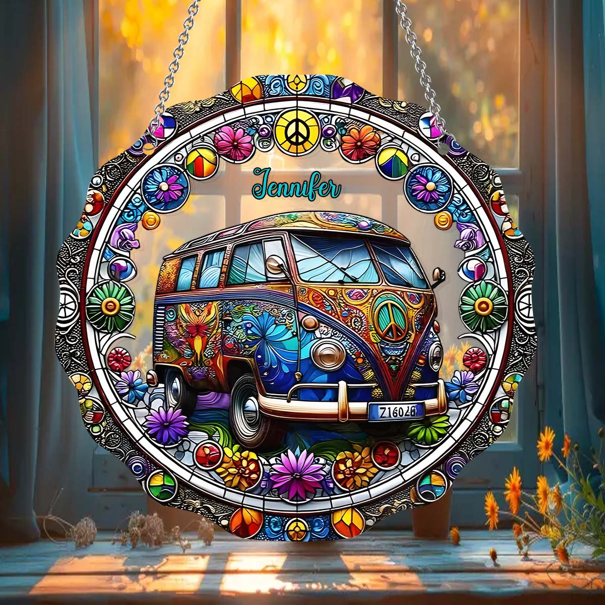 Cool Caravan - Personalized Hippie Window Hanging Suncatcher Ornament