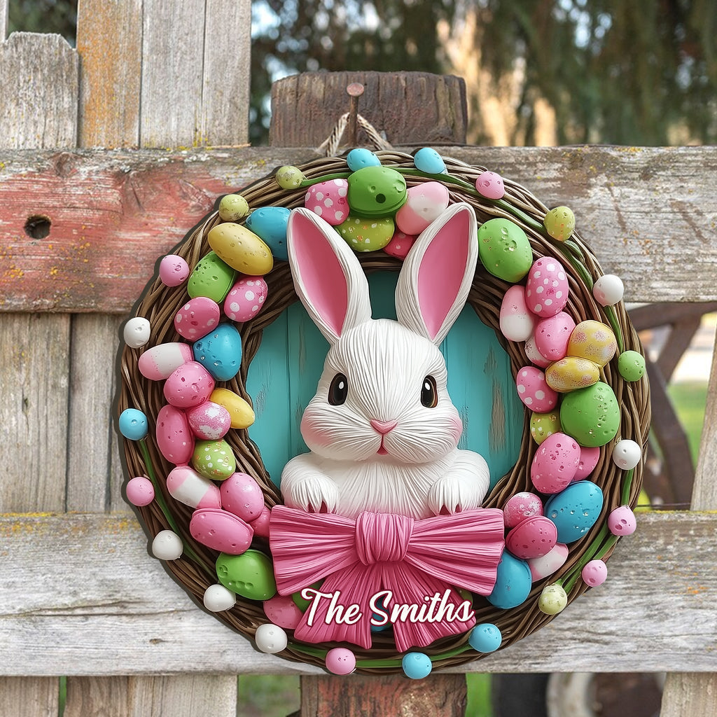 Easter Bunny Wreath - Personalized Family Custom Shaped Wood Sign