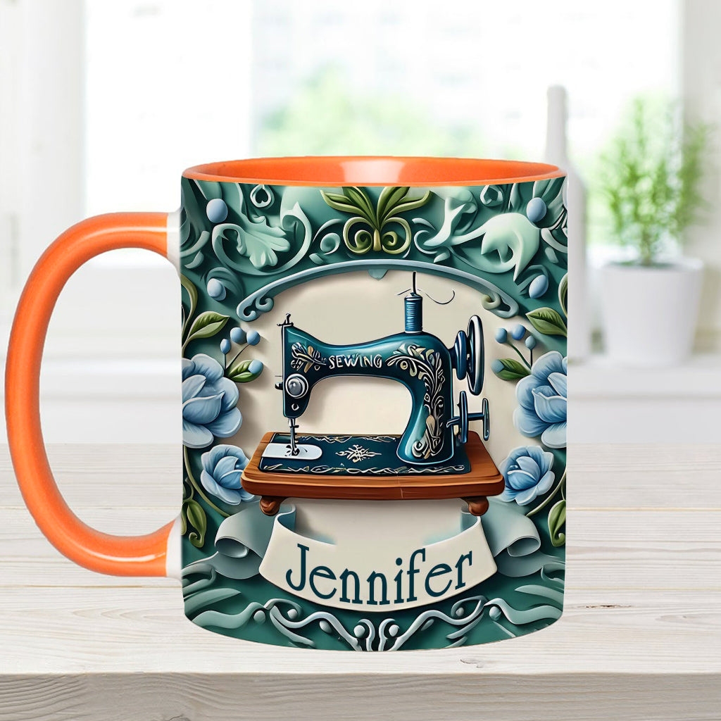 Blaue Nähmaschine – Personalisierte Tasse mit Nähmotiv