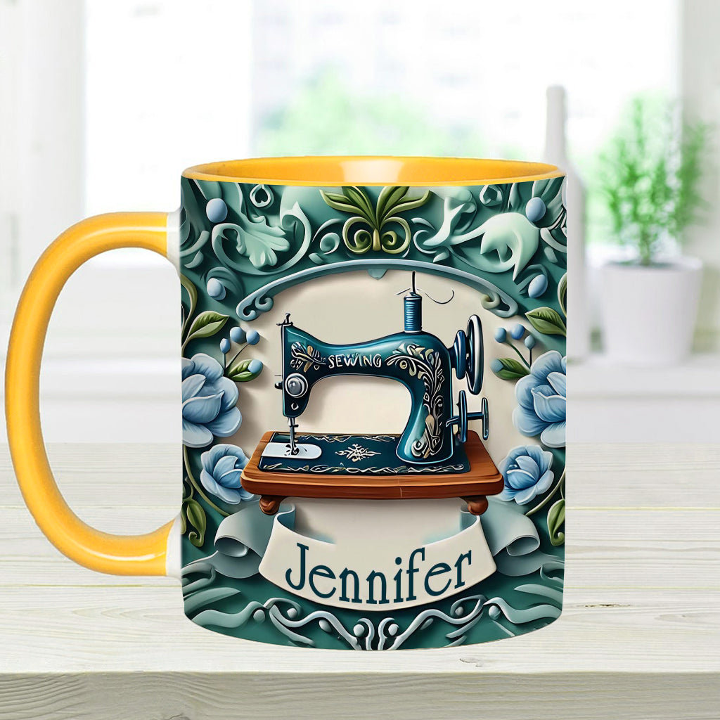 Blaue Nähmaschine – Personalisierte Tasse mit Nähmotiv