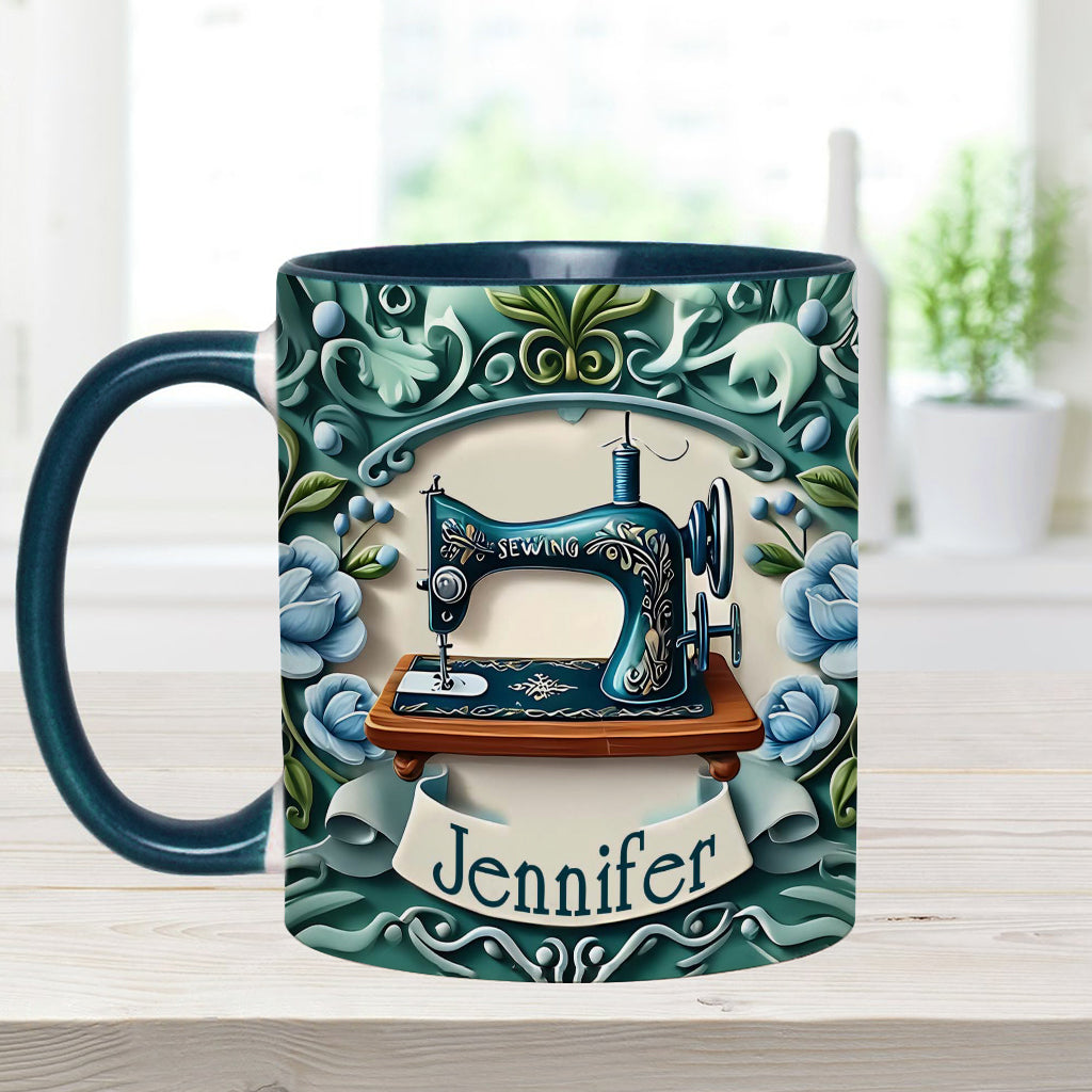 Blaue Nähmaschine – Personalisierte Tasse mit Nähmotiv