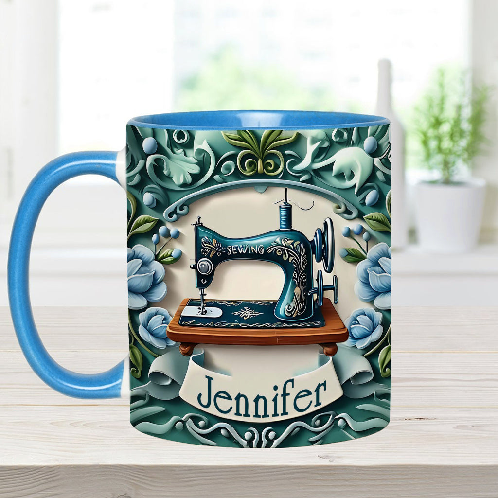 Blaue Nähmaschine – Personalisierte Tasse mit Nähmotiv