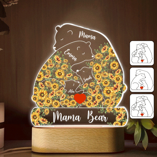 Mama Bear Sunflower - Personalized Mother Shaped Plaque Light Base