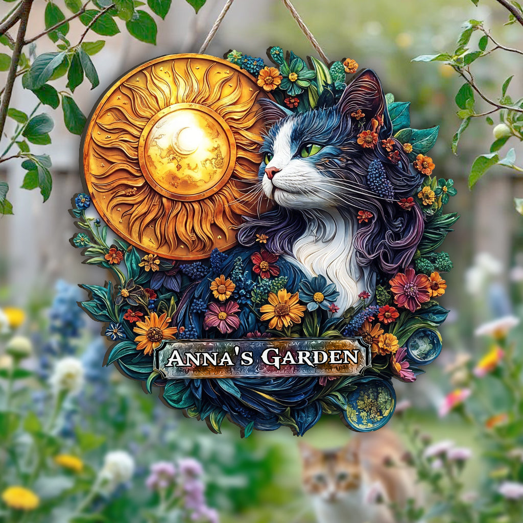 Floral Cat - Personalized Gardening Custom Shaped Wood Sign