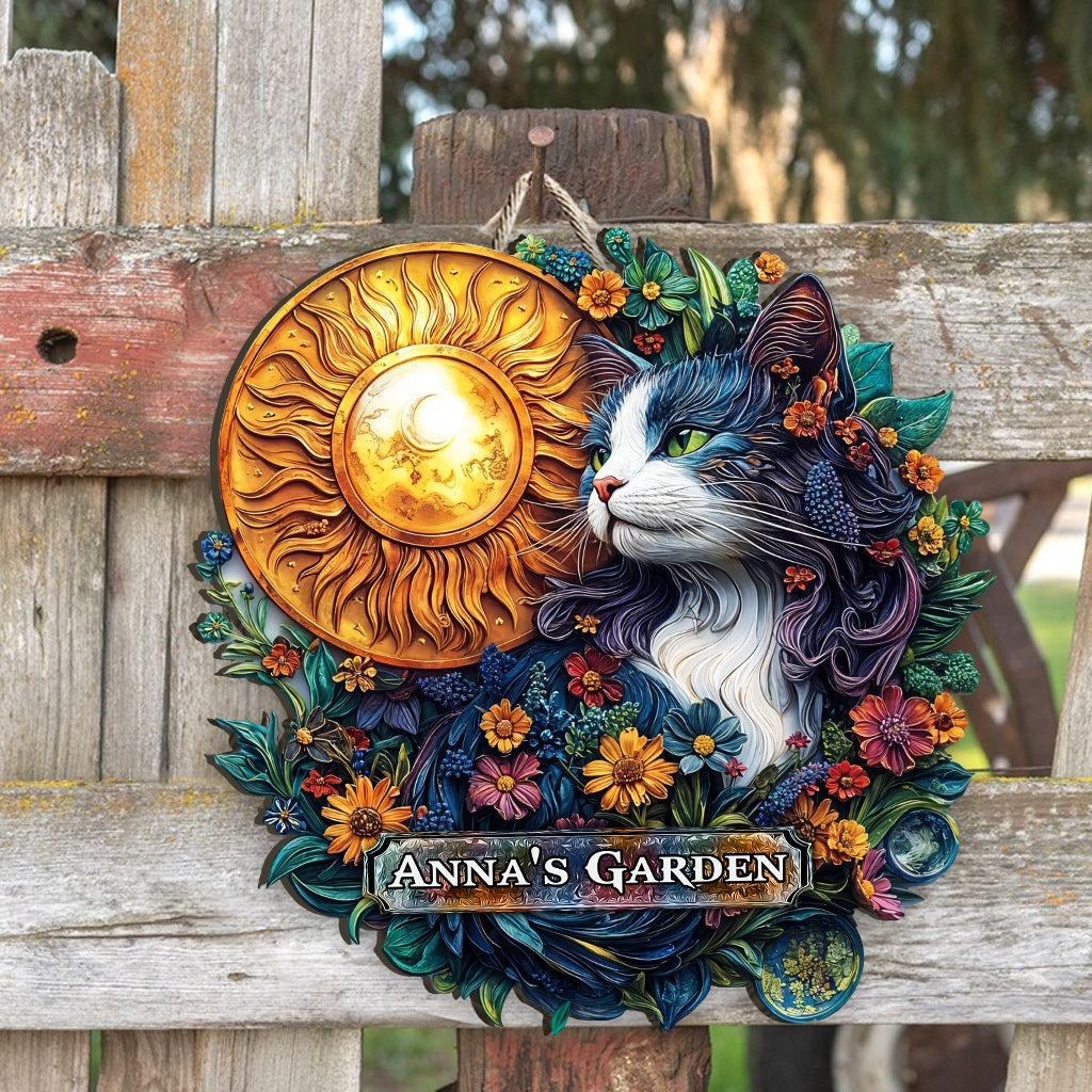Floral Cat - Personalized Gardening Custom Shaped Wood Sign