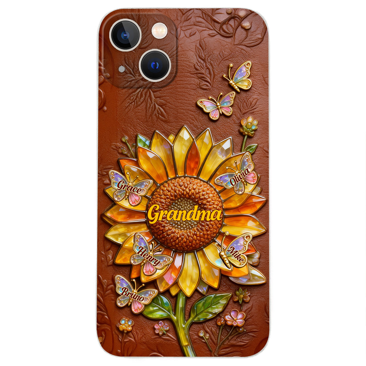 Grandma Sunflower - Personalized Grandma 3D Embossed Leather Phone Case