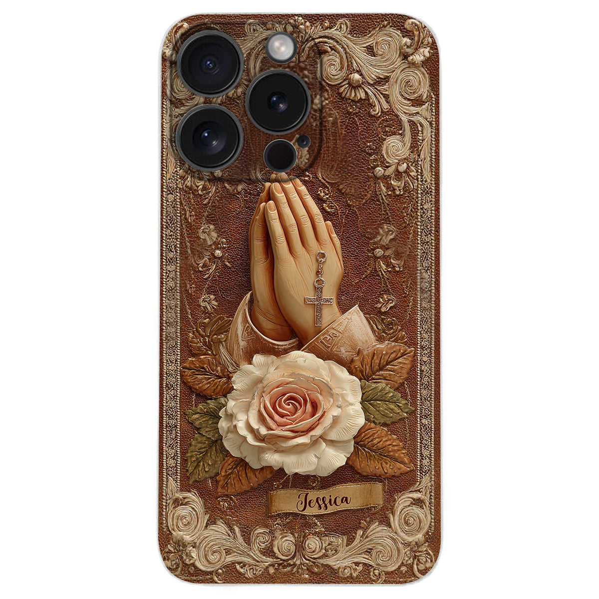 Praying Hands With Roses - Personalized Christian Leather Phone Case