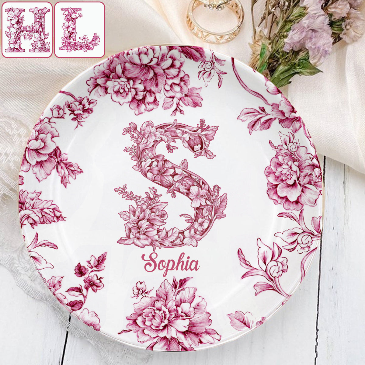 Blue & Pink Floral Toil Letter - Personalized Gift For Friend Fully Printed Jewelry Dish