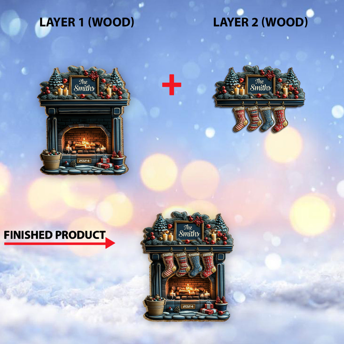 Joyeux Noël - Panneau/Plaque en bois personnalisé à 2 couches pour la famille