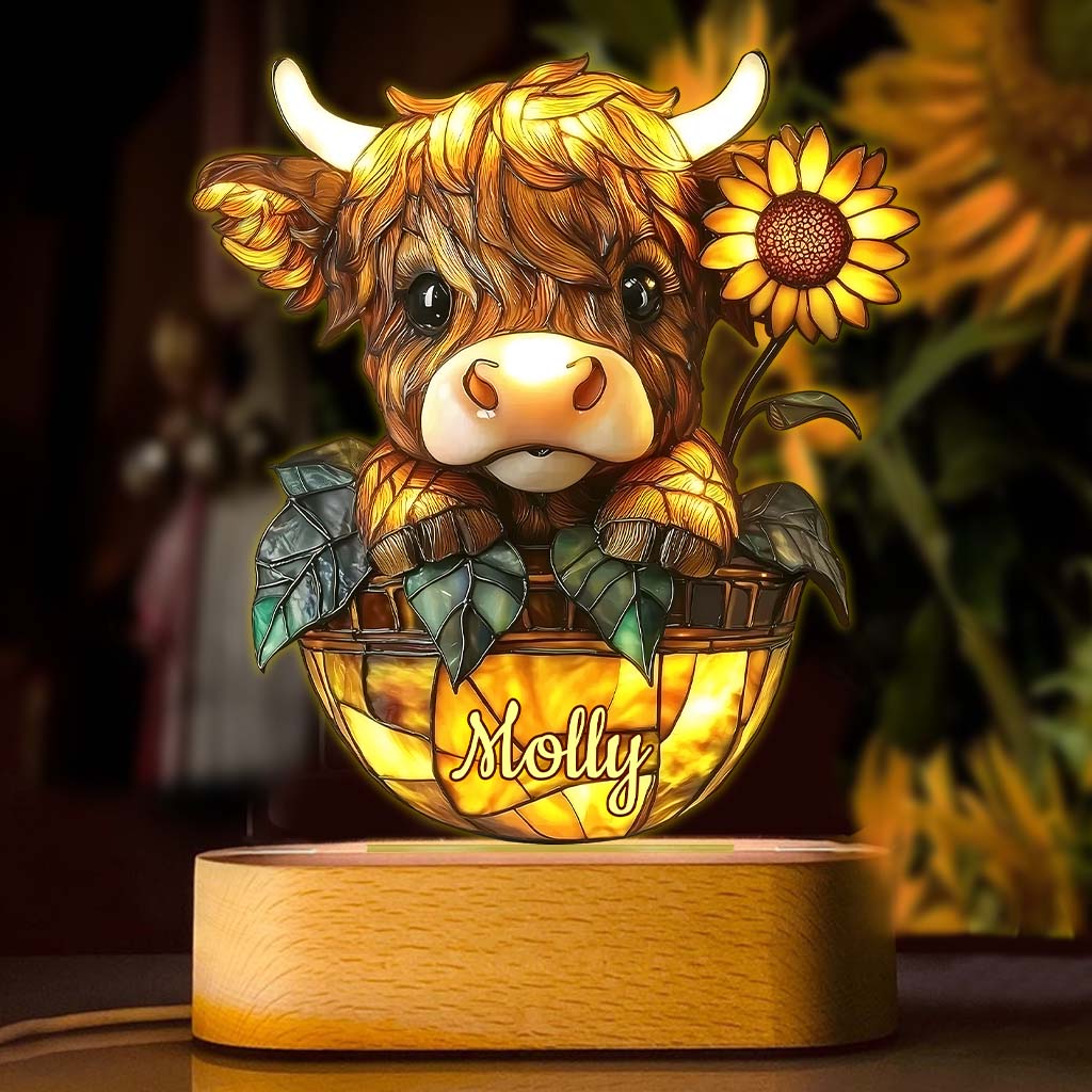 Niedliche Sonnenblume mit Hochlandrind – personalisierte, geformte Plakettenleuchte