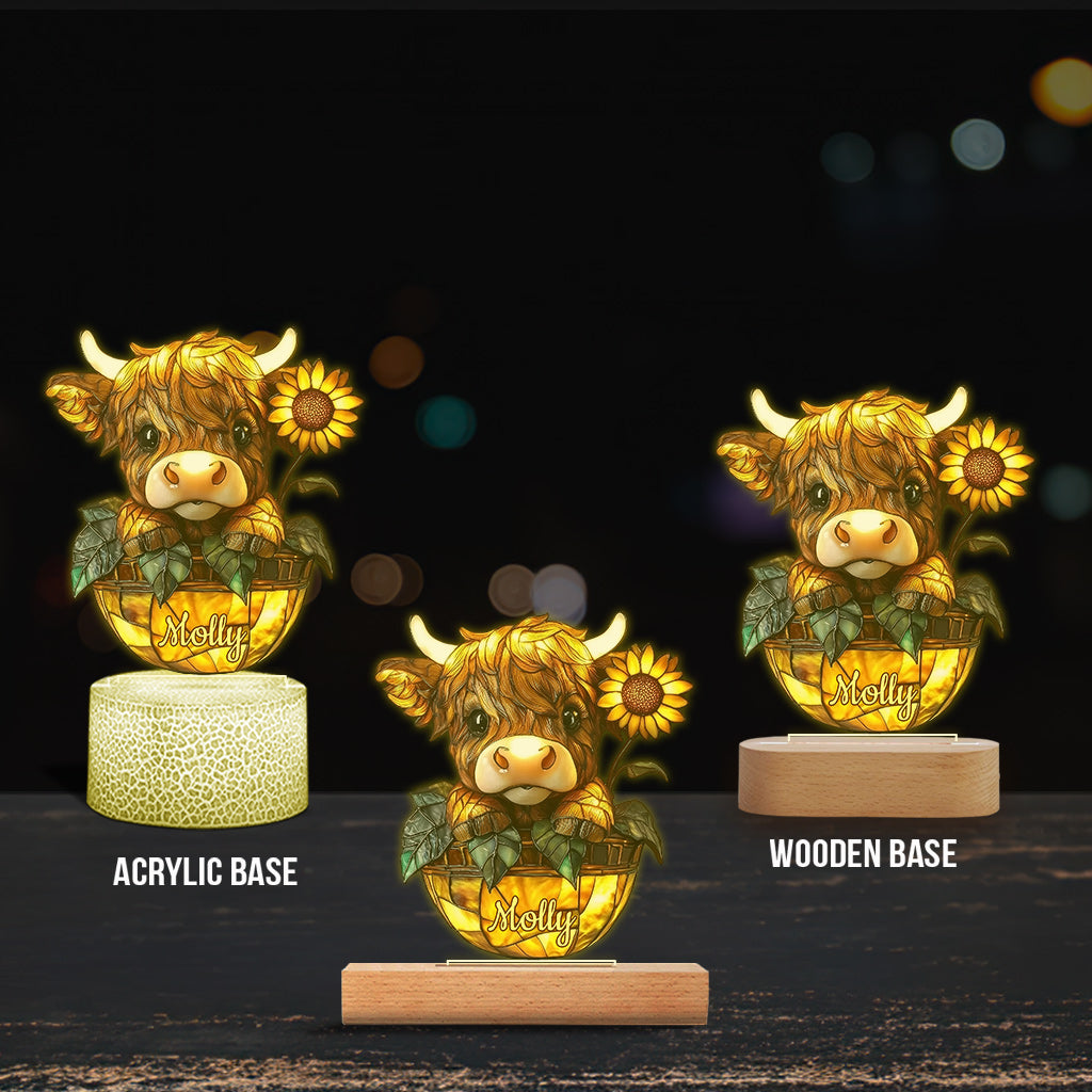 Niedliche Sonnenblume mit Hochlandrind – personalisierte, geformte Plakettenleuchte