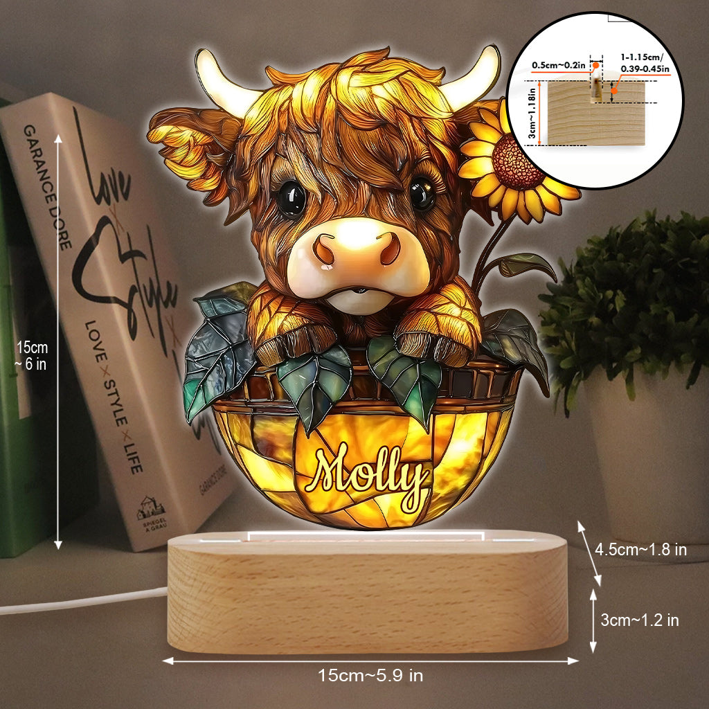 Niedliche Sonnenblume mit Hochlandrind – personalisierte, geformte Plakettenleuchte
