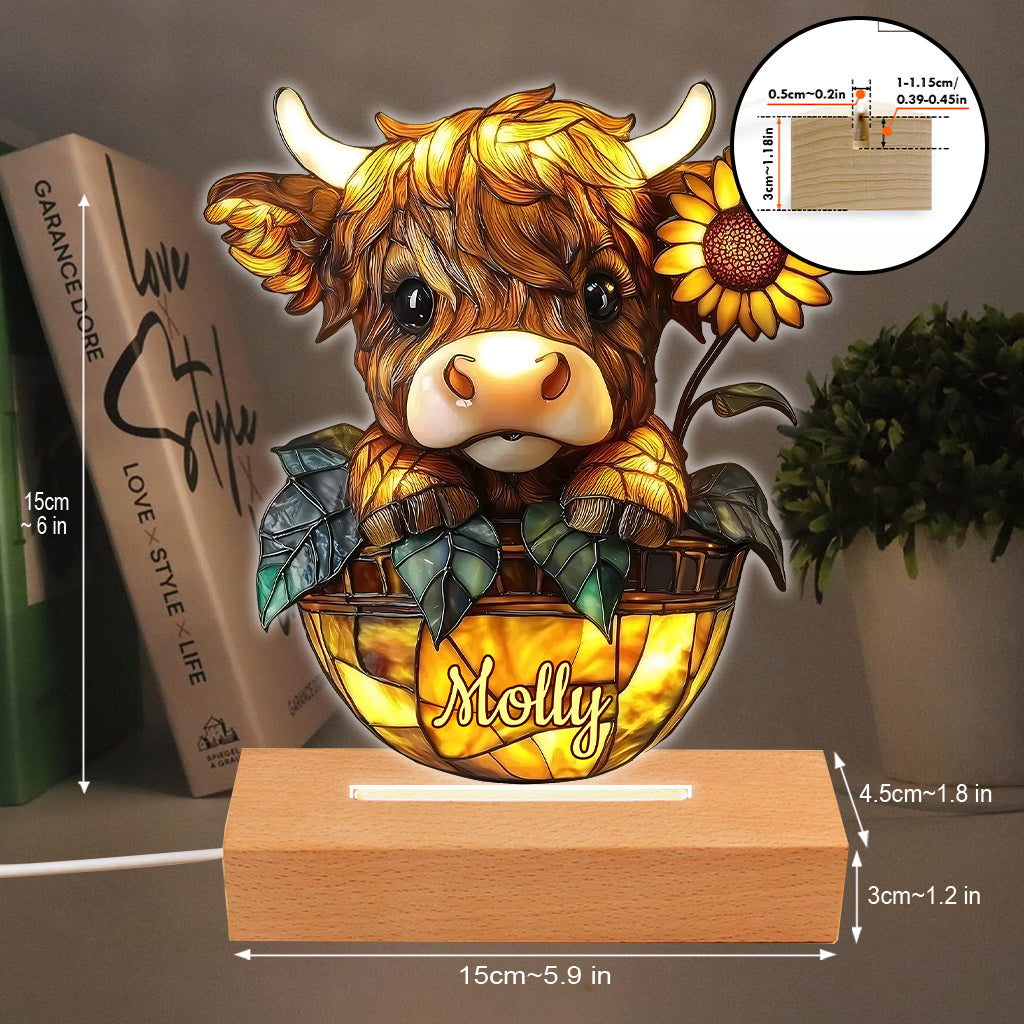 Niedliche Sonnenblume mit Hochlandrind – personalisierte, geformte Plakettenleuchte
