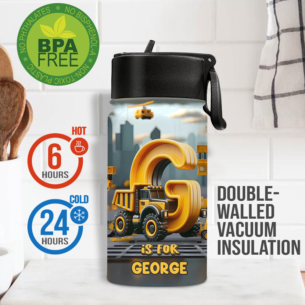 Construction Vehicle Alphabet Letters - Personalized Kid Kids Water Bottle