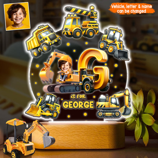 Construction Vehicle Alphabet - Personalized Kid Shaped Plaque Light Base