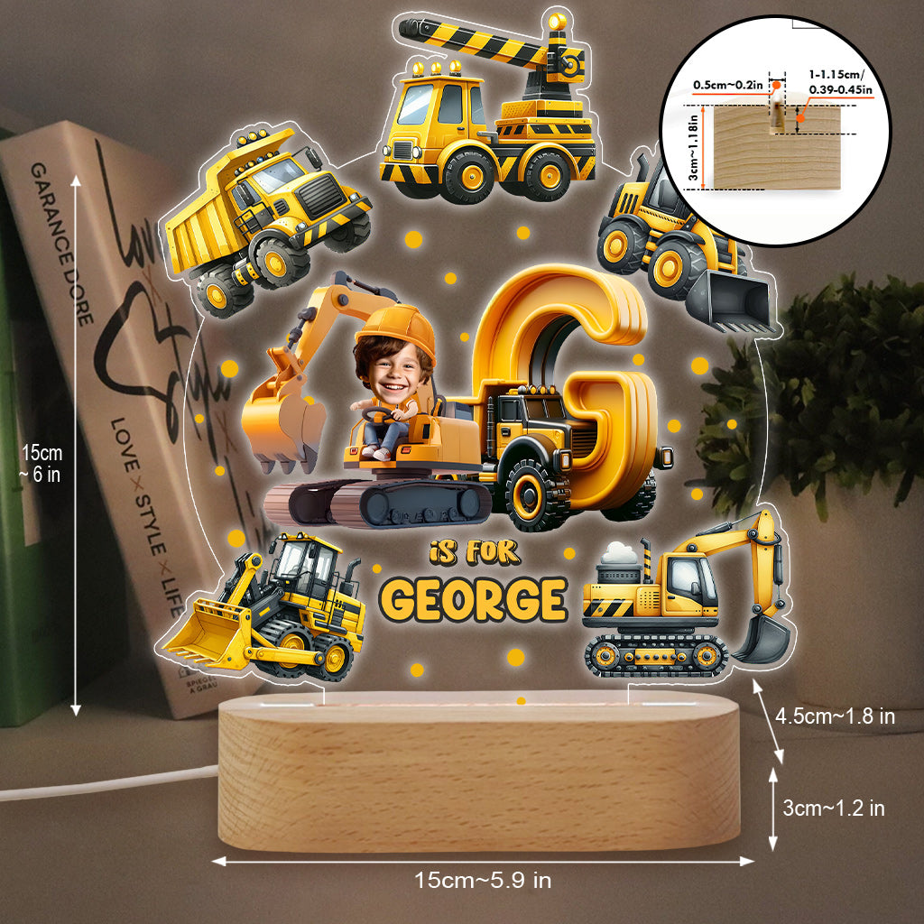 Construction Vehicle Alphabet - Personalized Kid Shaped Plaque Light Base
