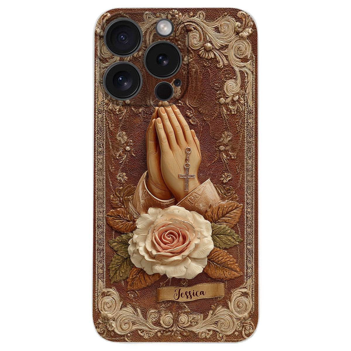 Praying Hands With Roses - Personalized Christian Leather Phone Case