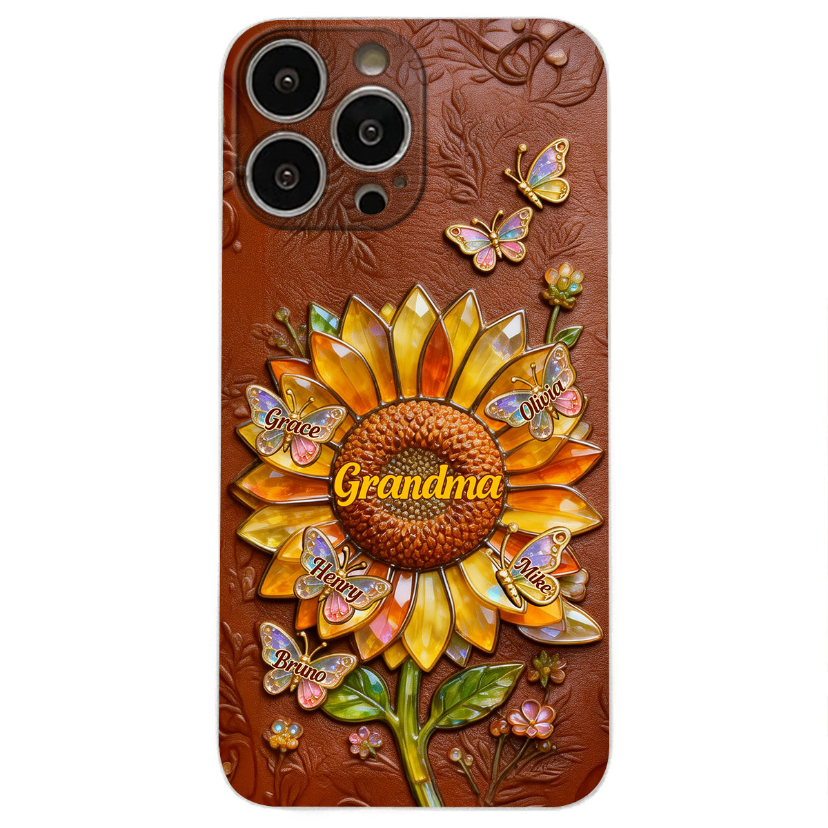 Grandma Sunflower - Personalized Grandma 3D Embossed Leather Phone Case