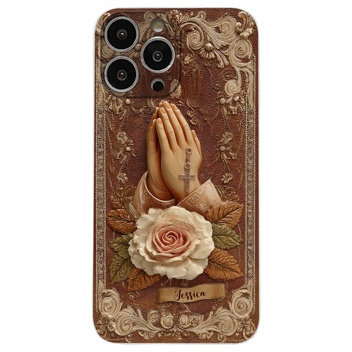 Praying Hands With Roses - Personalized Christian Leather Phone Case