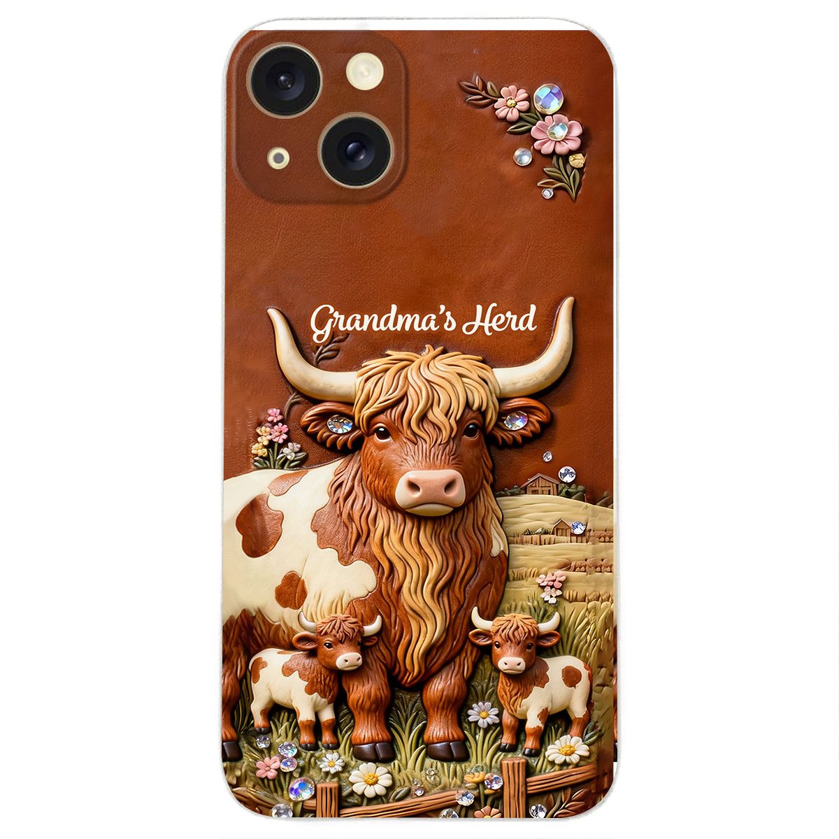 Grandma's Herd - Personalized Highland Cow 3D Embossed Leather Phone Case
