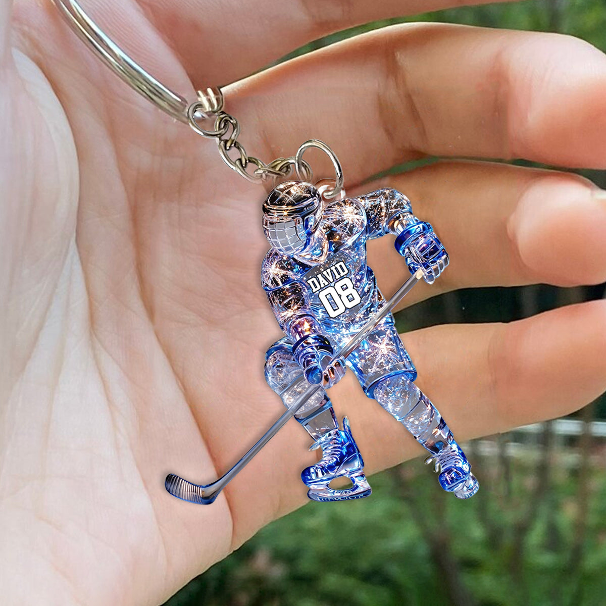 Sparkling Ice Hockey Player - Personalized Hockey Keychain