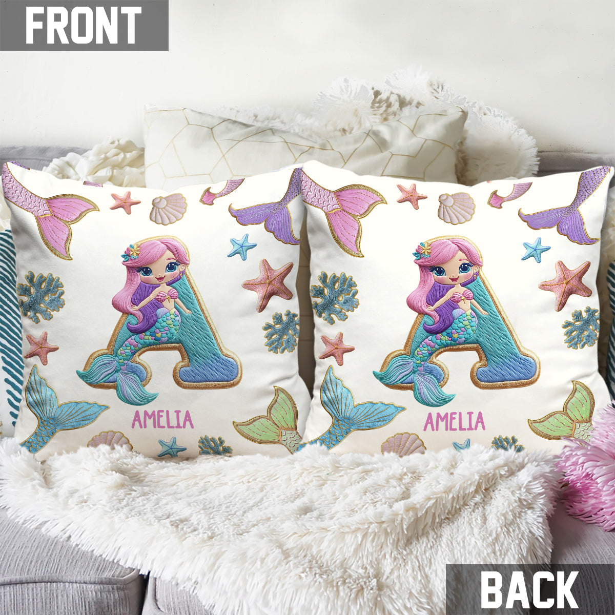 Beautiful Mermaid Alphabet - Personalized Kid Throw Pillow
