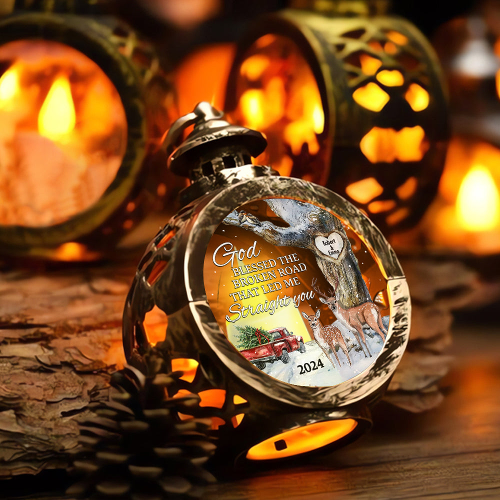 God Blessed The Broken Road - Personalized Couple Round Lantern With Light
