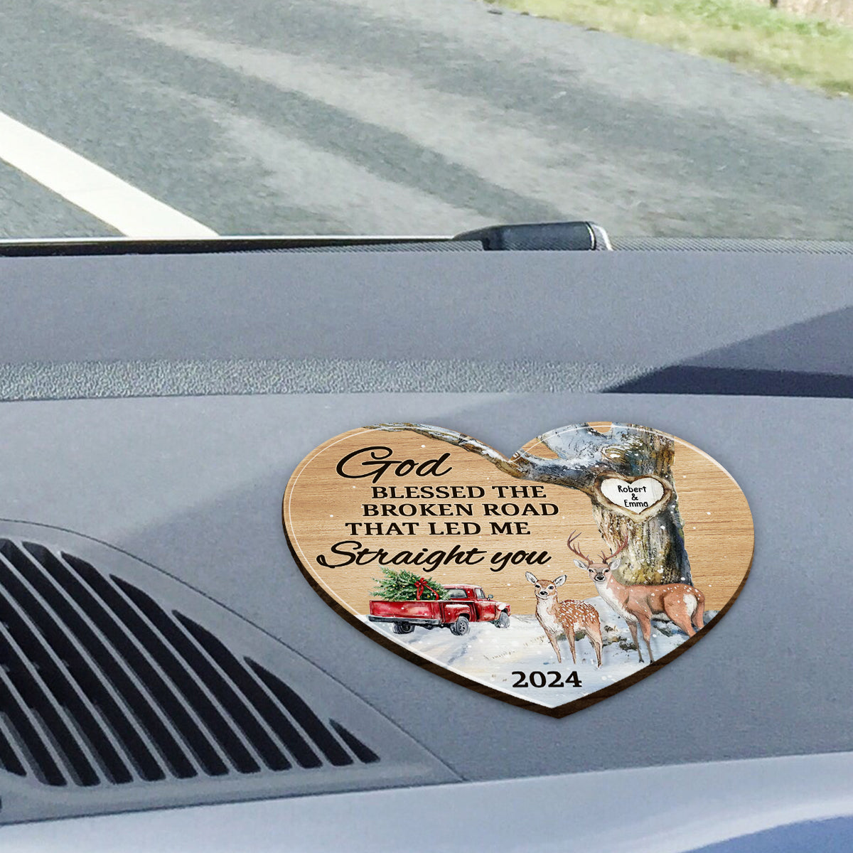 God Blessed The Broken Road That Leds Me To You - Personalized Couple Shaped Car Visor Clip