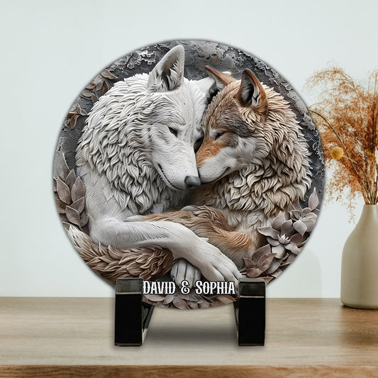Couple de loups - Pierre ronde personnalisée en forme de loup