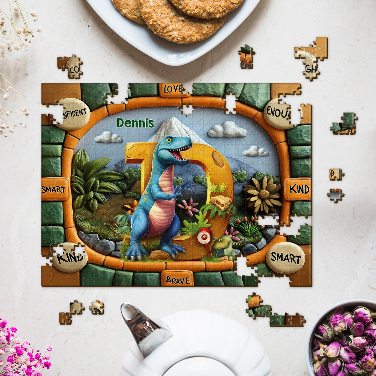Dinosaur Letter Gift For Grandkids - Personalized Kid Jigsaw Puzzle