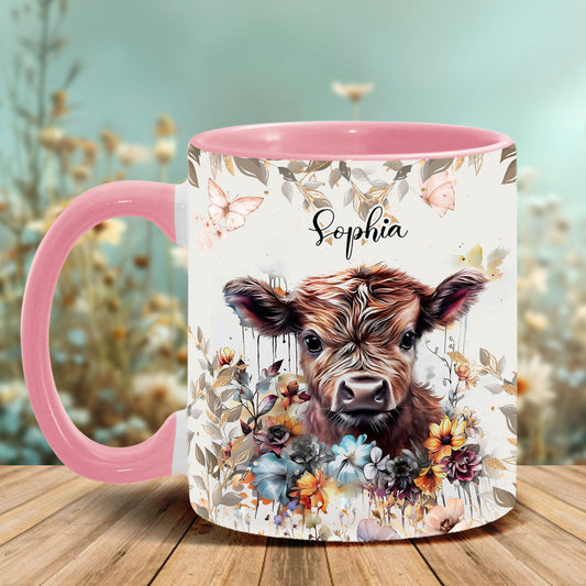 Personalisierte Tasse mit Blumenmotiv und Kuhmotiv