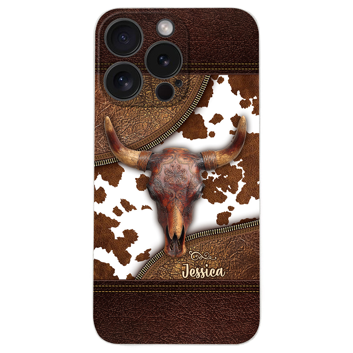 Skeleton Bull Skull - Personalized Western Leather Phone Case