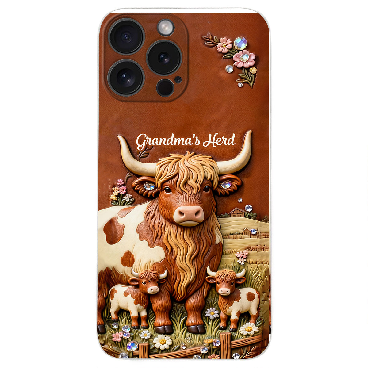 Grandma's Herd - Personalized Highland Cow 3D Embossed Leather Phone Case