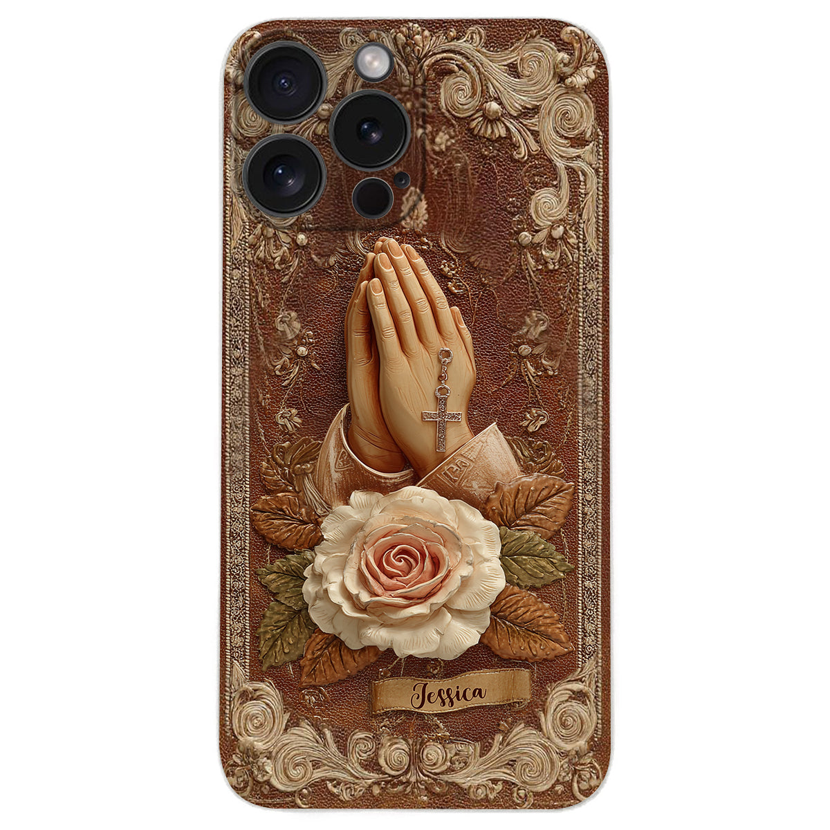 Praying Hands With Roses - Personalized Christian Leather Phone Case