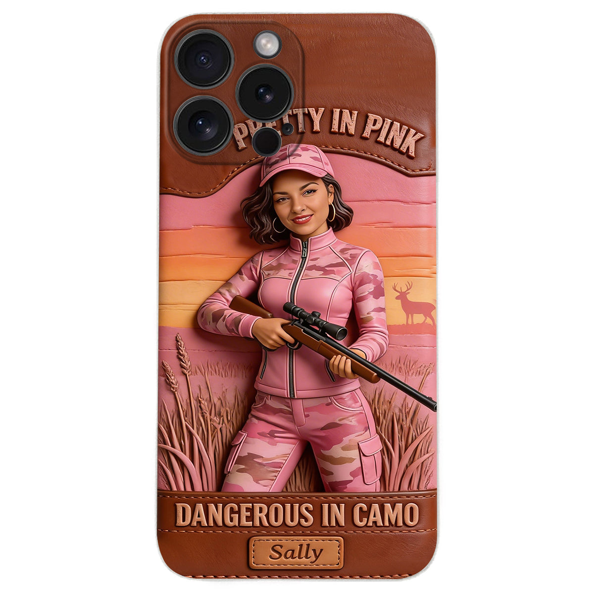 Étui de téléphone en cuir personnalisé avec n'importe quelle photo de chasse dangereuse en camouflage - Étui de téléphone de chasse en cuir personnalisé