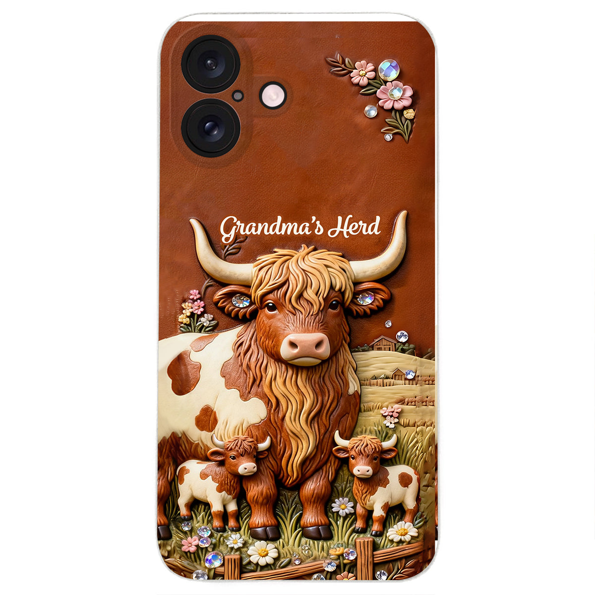 Grandma's Herd - Personalized Highland Cow 3D Embossed Leather Phone Case