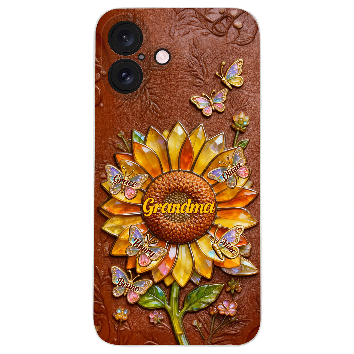 Grandma Sunflower - Personalized Grandma 3D Embossed Leather Phone Case