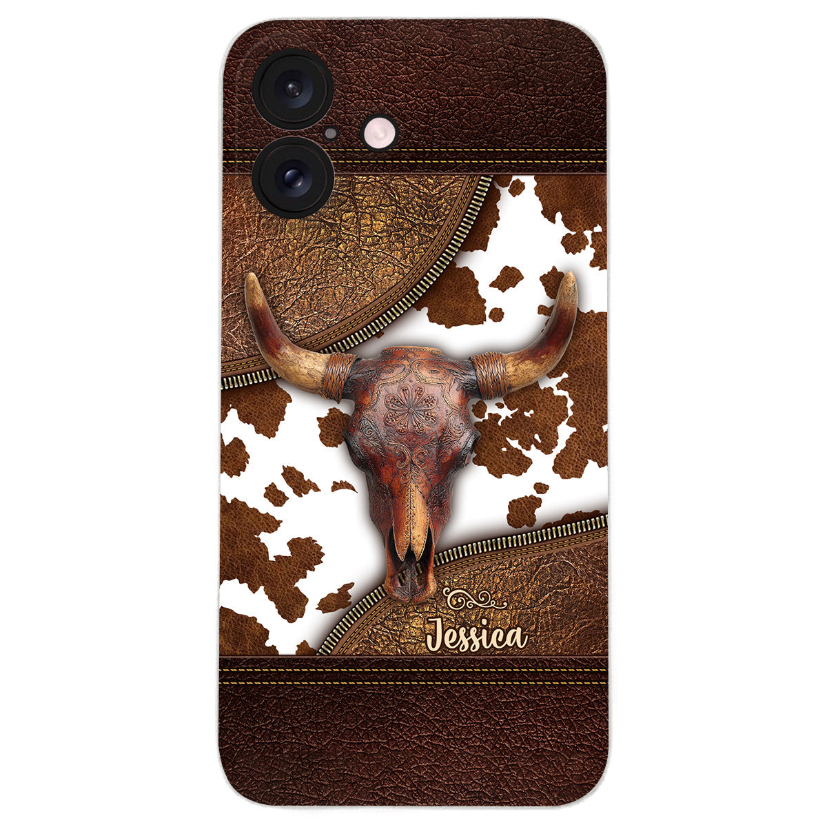 Skeleton Bull Skull - Personalized Western Leather Phone Case