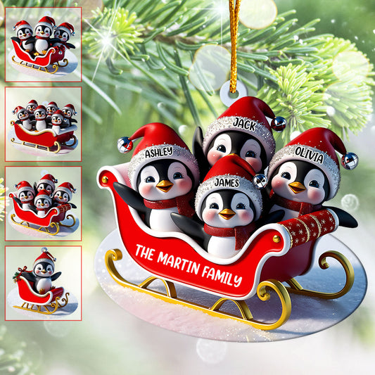 Famille de pingouins en traîneau - Ornement transparent personnalisé pour la famille