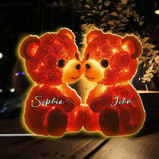 Cute Red Roses Bear Couple - Personalized Couple Shaped Light Box