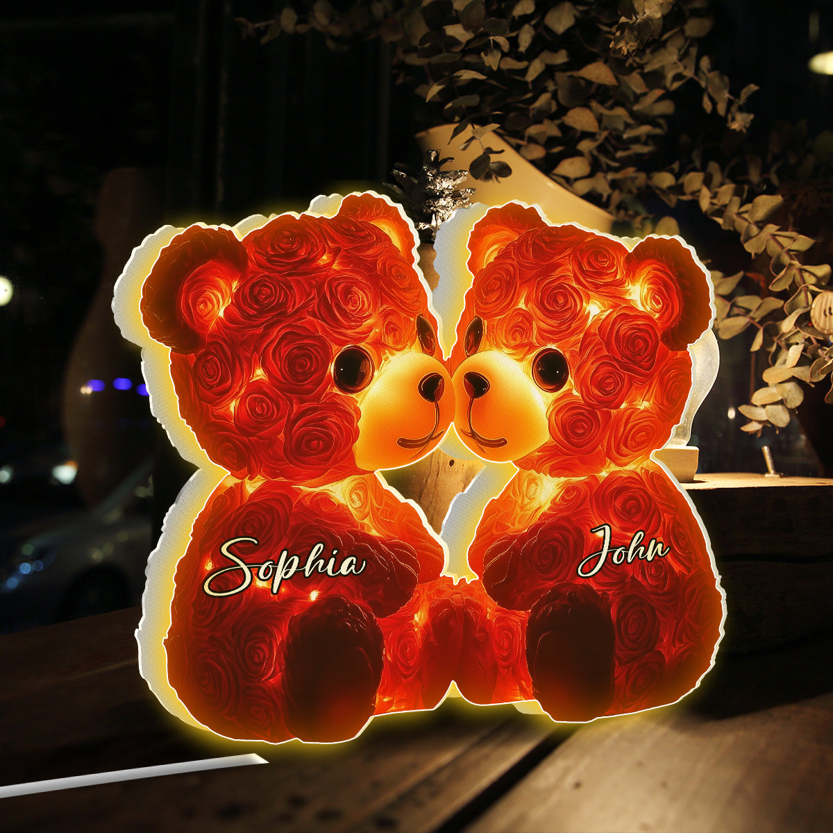 Cute Red Roses Bear Couple - Personalized Couple Shaped Light Box