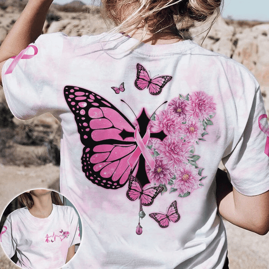 T-shirt et sweat à capuche « Croix papillon et ruban rose » – Sensibilisation au cancer du sein (0822)