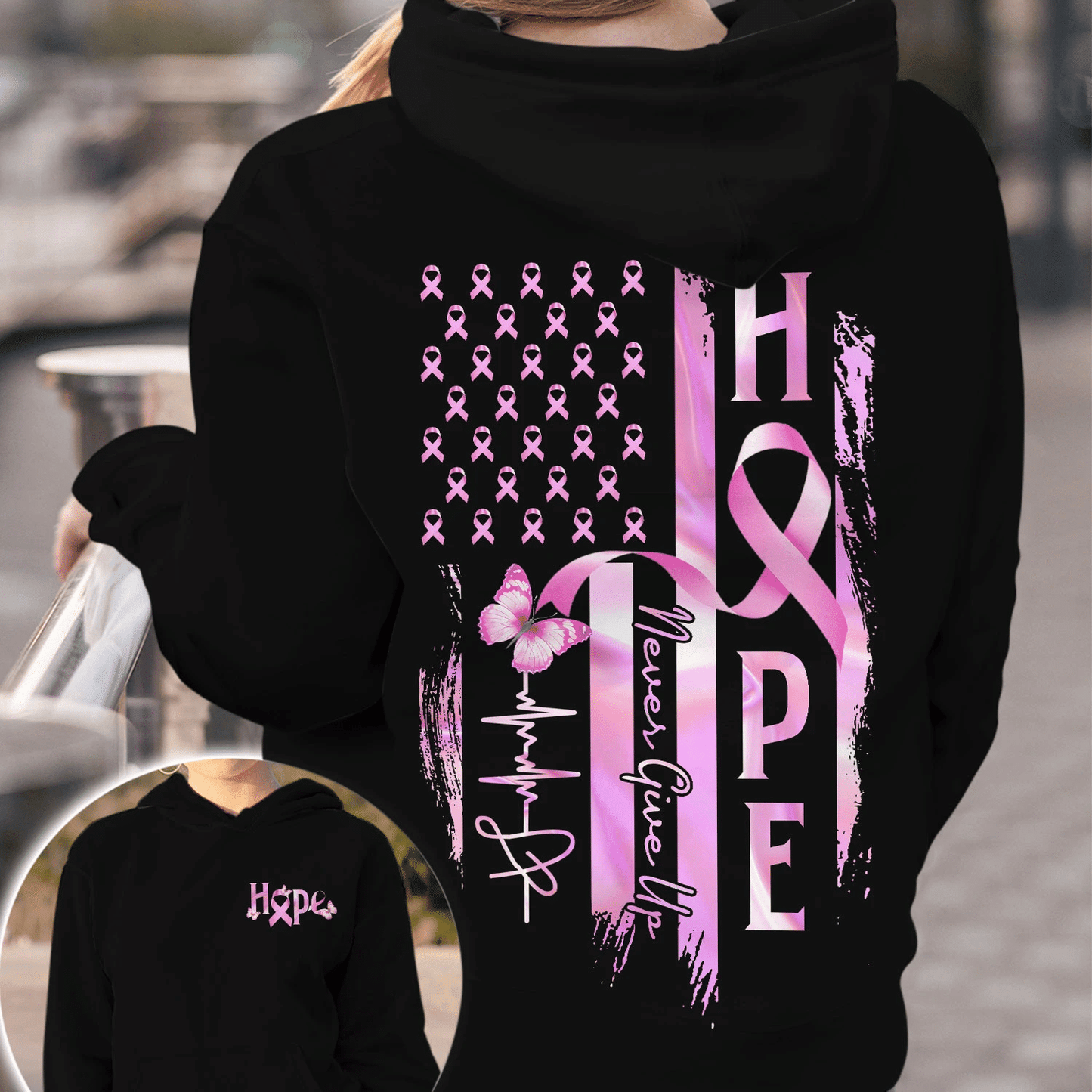 T-shirt et sweat à capuche « Hope Flag Never Give Up » (Sensibilisation au cancer du sein) - 0822