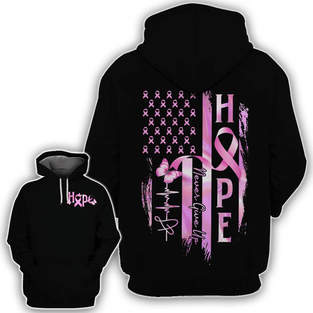 T-shirt et sweat à capuche « Hope Flag Never Give Up » (Sensibilisation au cancer du sein) - 0822