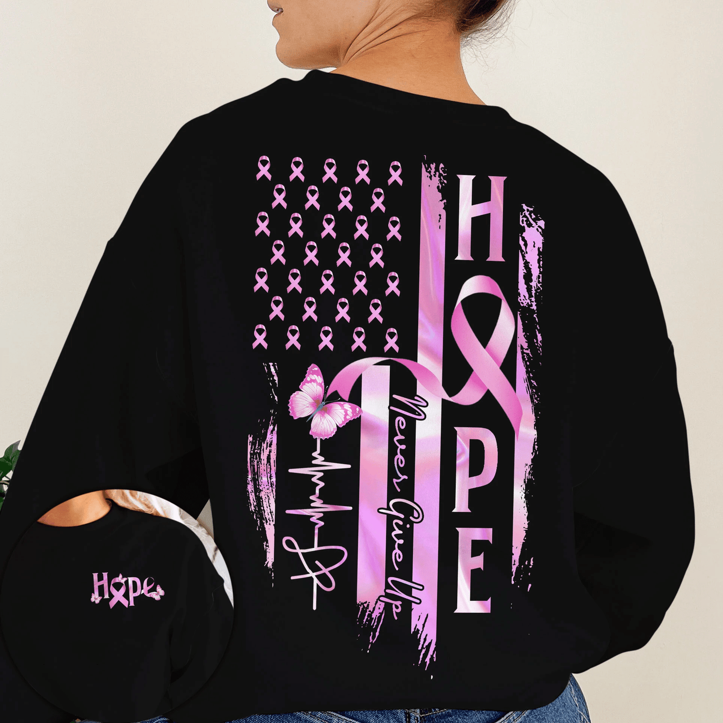 T-shirt et sweat à capuche « Hope Flag Never Give Up » (Sensibilisation au cancer du sein) - 0822