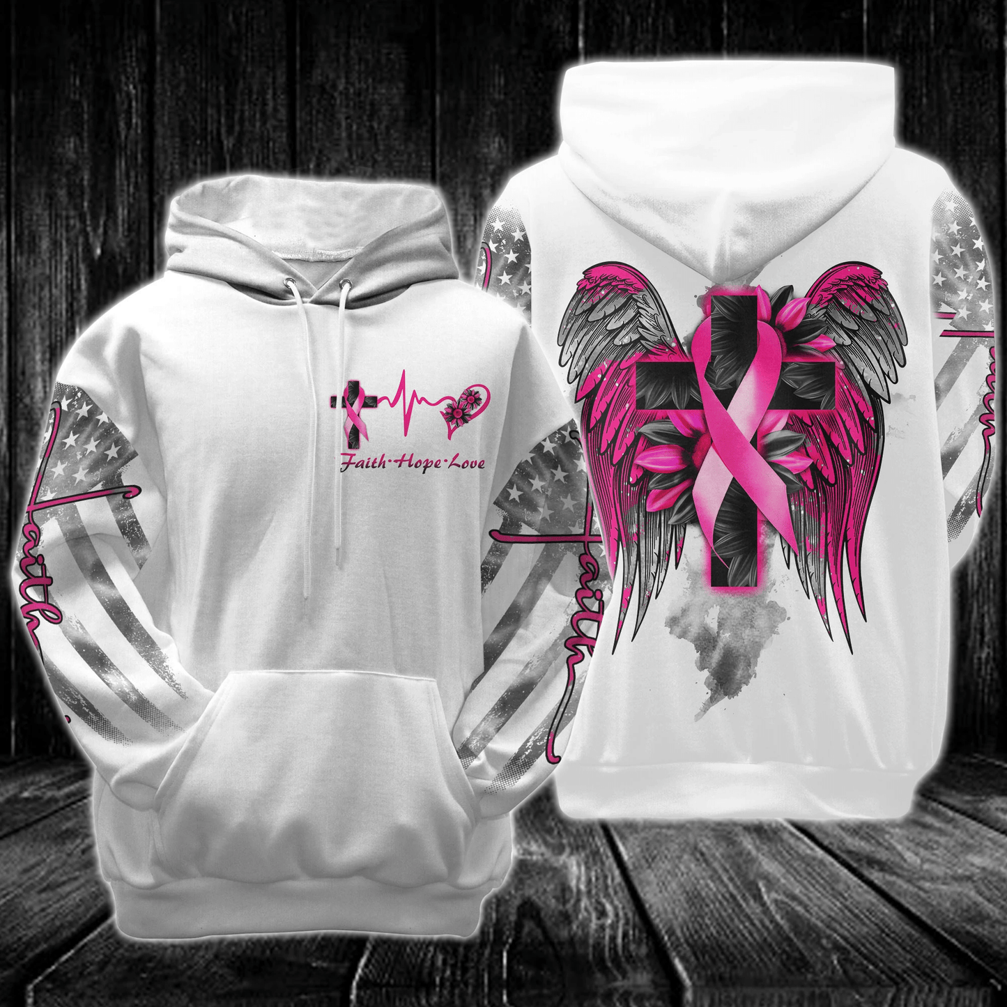 Weißes Glaubenskreuz-Flügel-Brustkrebs-T-Shirt und Hoodie zur Sensibilisierung für Brustkrebs 0822