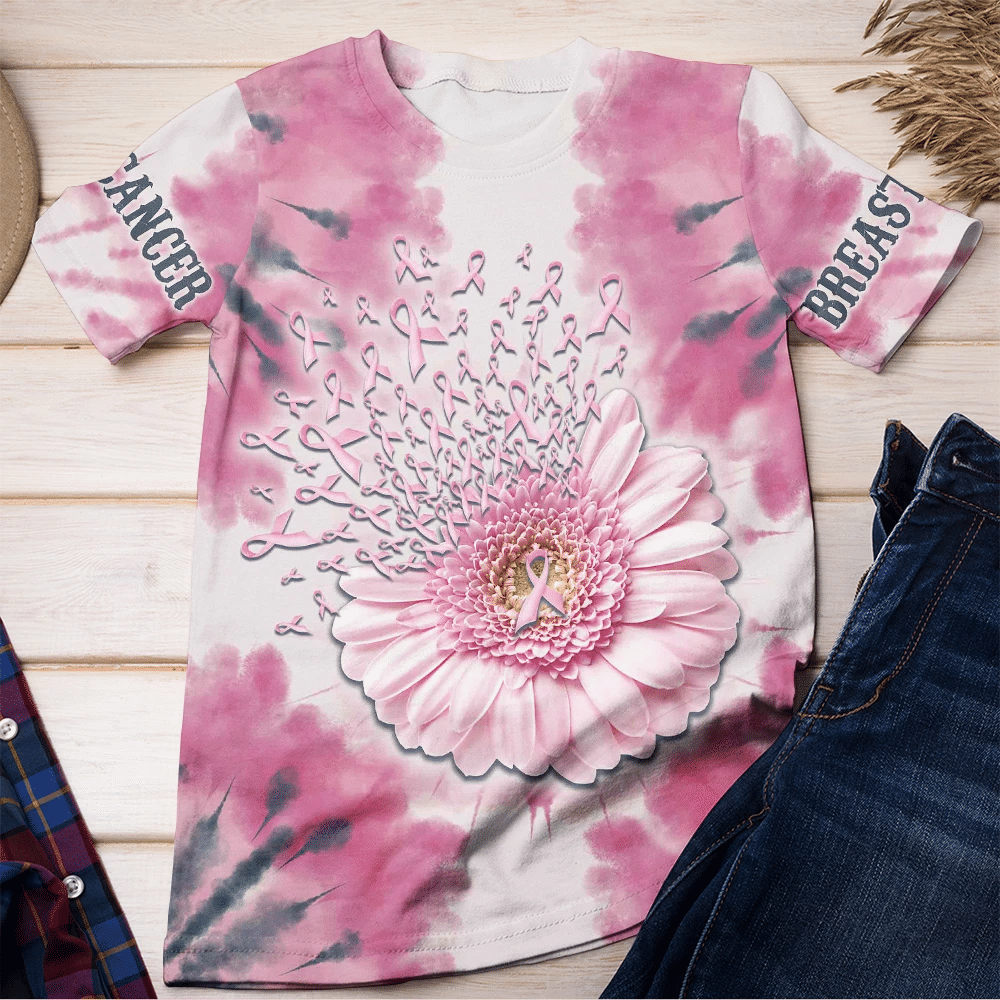 Rubans roses marguerite - T-shirt et sweat à capuche imprimés sur toute la surface pour la sensibilisation au cancer du sein 0822